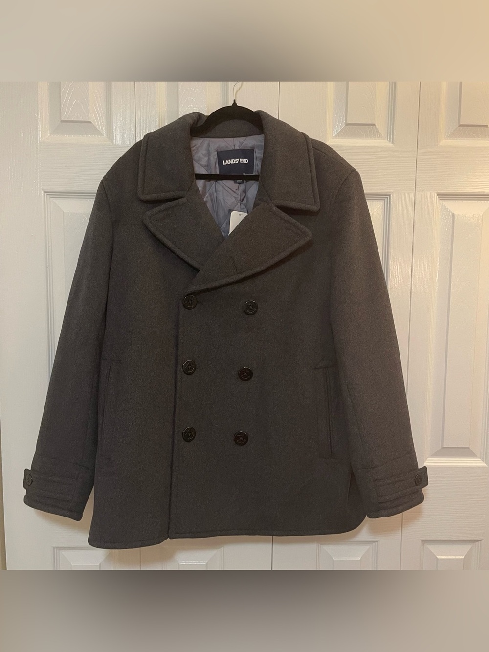 Lands' End NWT Men's Dark Gray Double-Breasted Peacoat
